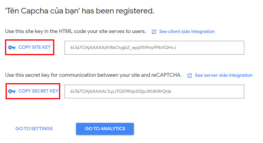 Copy Site Key và Secret Key